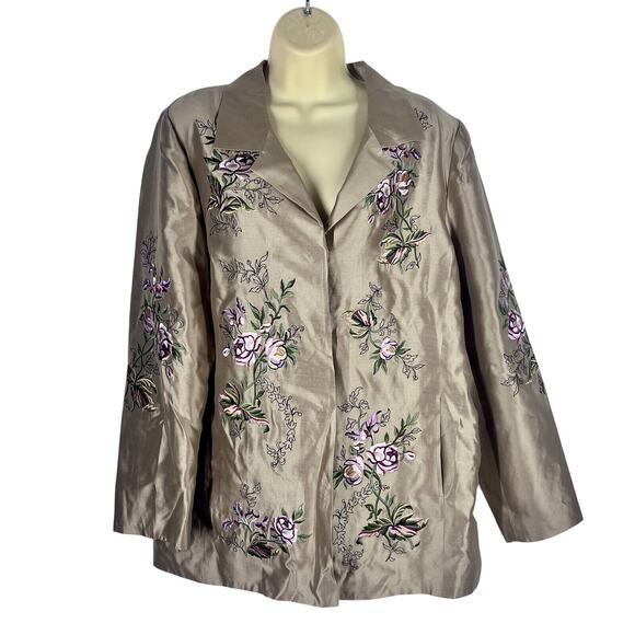 Nolan Miller Silk Jacket Retro Size Large Tan Vintage Floral Embroidered Runway - Picture 1 of 9